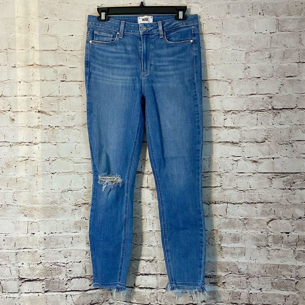 PAIGE Hoxton Ankle Skinny Jeans Distressed Raw Hem Blue Medium Wash Size 29